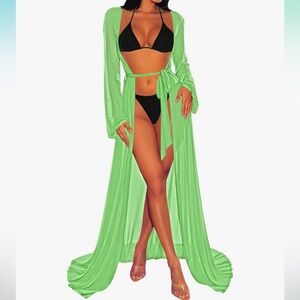 Green sheer long duster Hollywood robe lingerie yacht lounge cover up bikini nwt